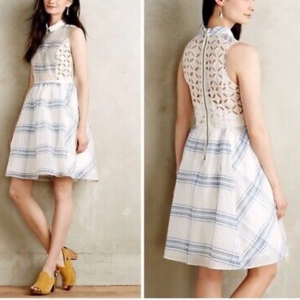 Anthropologie Moulinette Soeurs 6 Seaplane Dress Blue White Windowpane - Picture 1 of 16